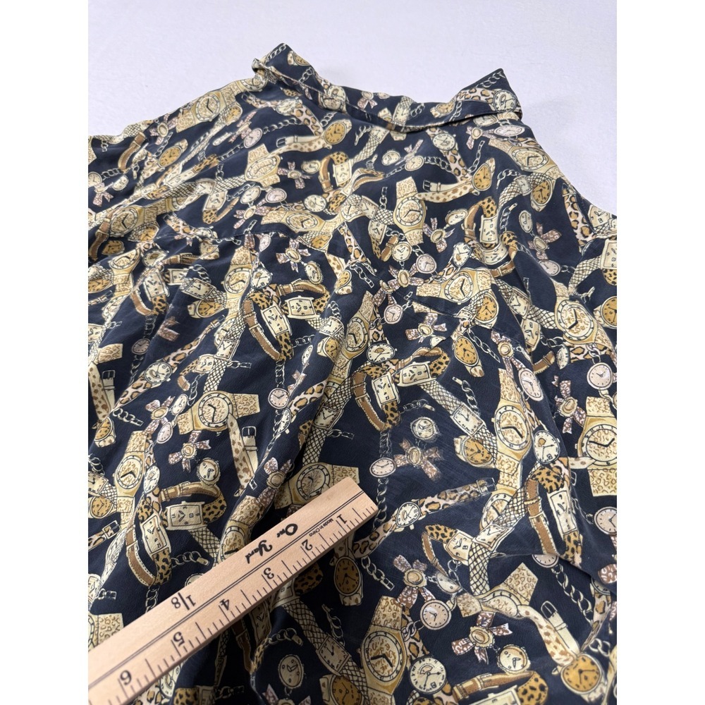 Natalie & Me Vintage 100% Silk Watch leopard Print Button Shirt Large Black 90s - Picture 7 of 9
